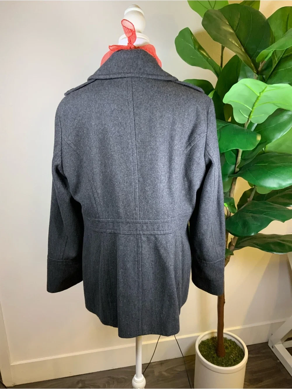 Michael Kors Charcoal Double-Breasted Peacoat with Red Scarf